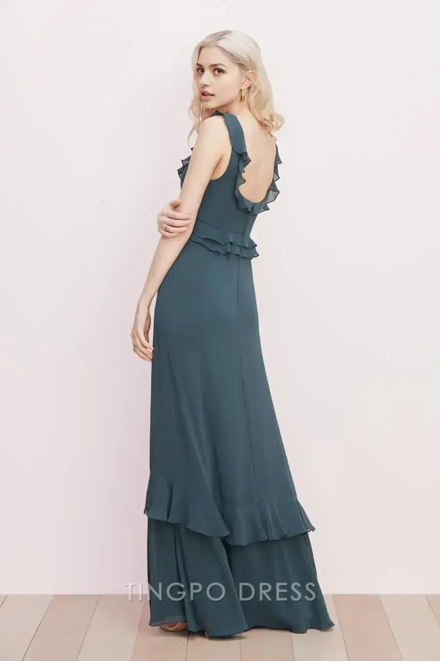 TingPo Wholesale Elegant Teal Green Square Neck Dress - Ruffled Bodice Sleeveless Maxi Gown